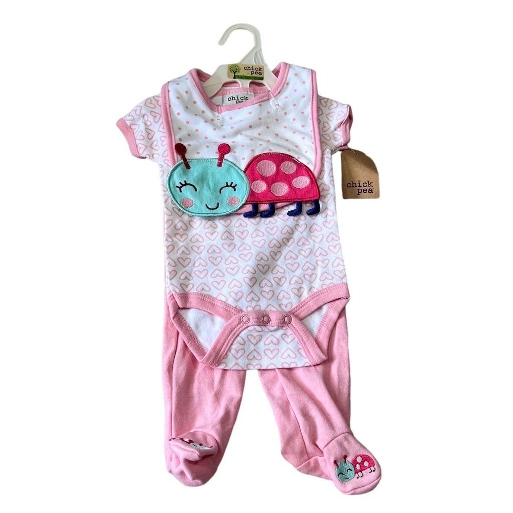 Chick Pea Baby Girls' 3-Piece Set Bodysuit Pants Bib Pink Outfit